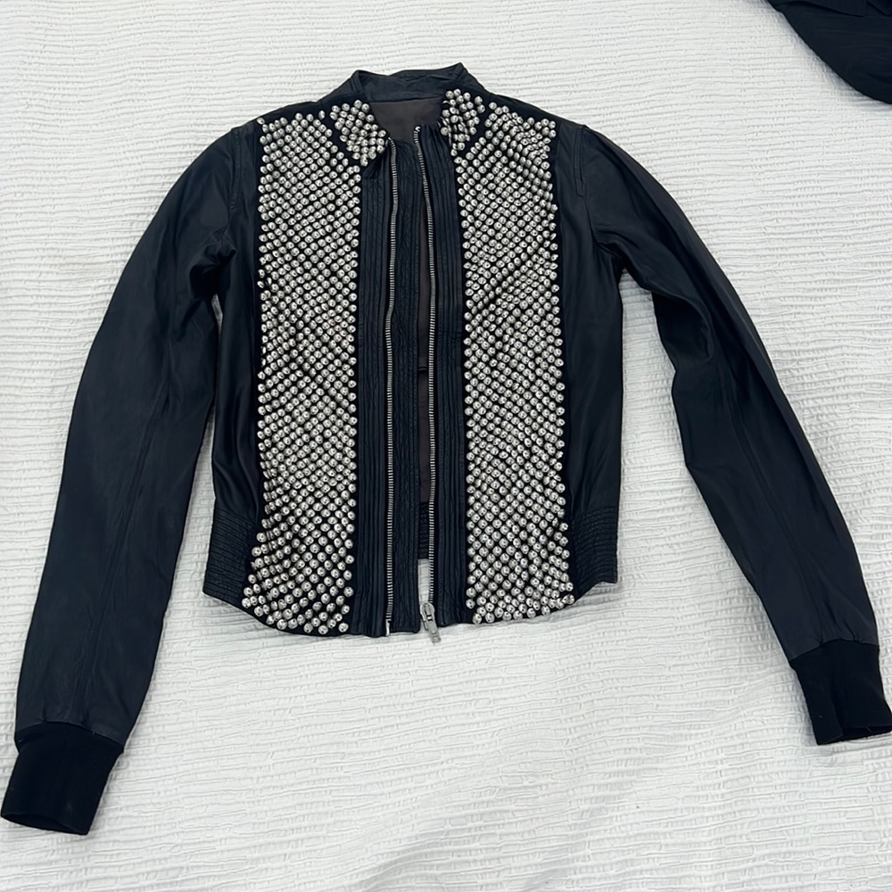 Rick Owens, black leather jacket with studs, size S